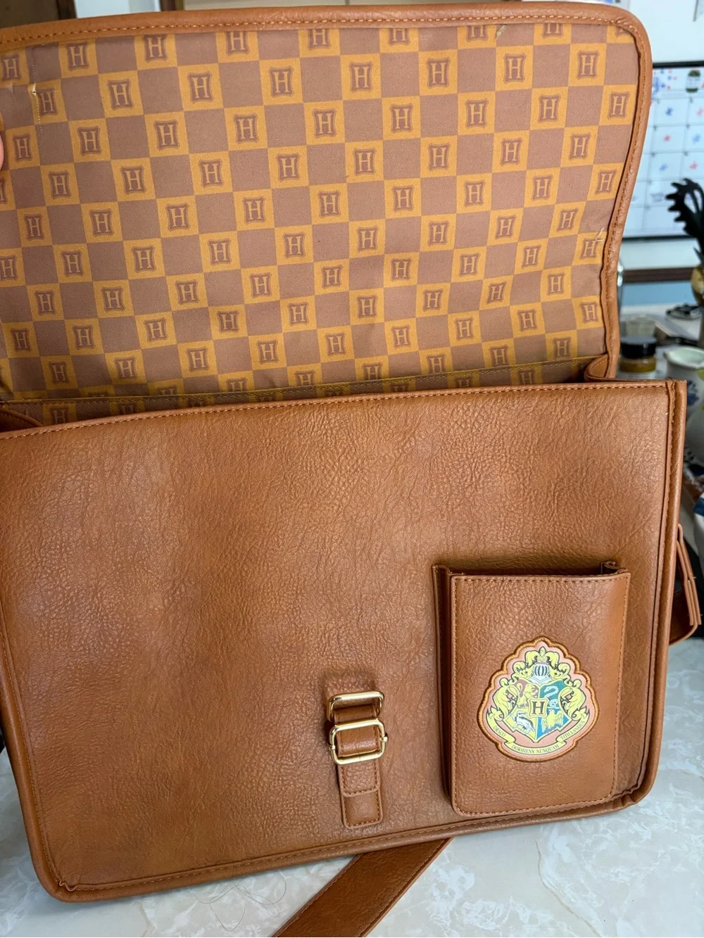 Harry Potter Hogwarts Messenger Laptop Bag Brown Faux Leather Crossbody